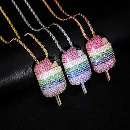 Rainbow Popsicle Pendant Necklace – Colorful CZ Hip Hop Jewelry for Men & Women