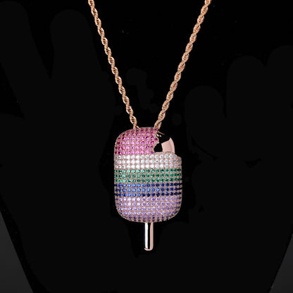 Rainbow Popsicle Pendant Necklace – Colorful CZ Hip Hop Jewelry for Men & Women