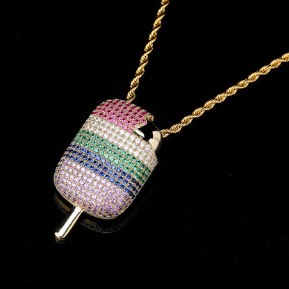 Rainbow Popsicle Pendant Necklace – Colorful CZ Hip Hop Jewelry for Men & Women