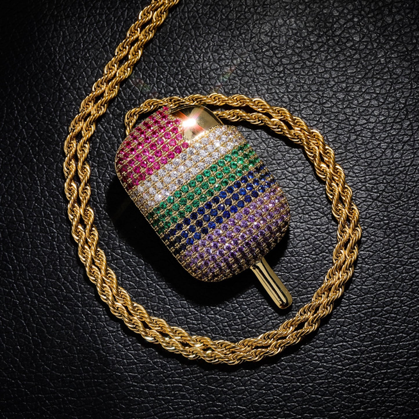 Rainbow Popsicle Pendant Necklace – Colorful CZ Hip Hop Jewelry for Men & Women