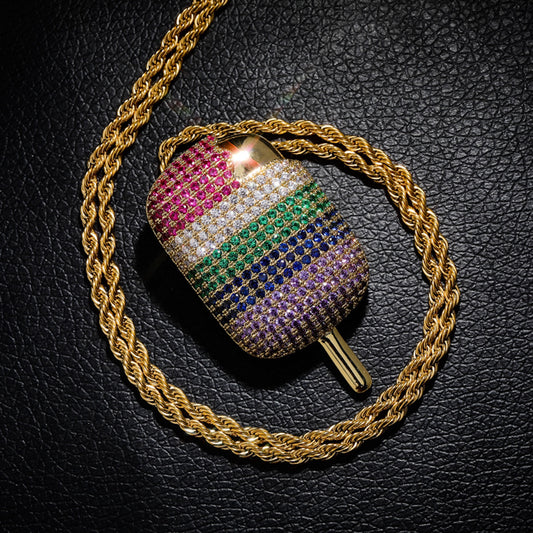Rainbow Popsicle Pendant Necklace – Colorful CZ Hip Hop Jewelry for Men & Women
