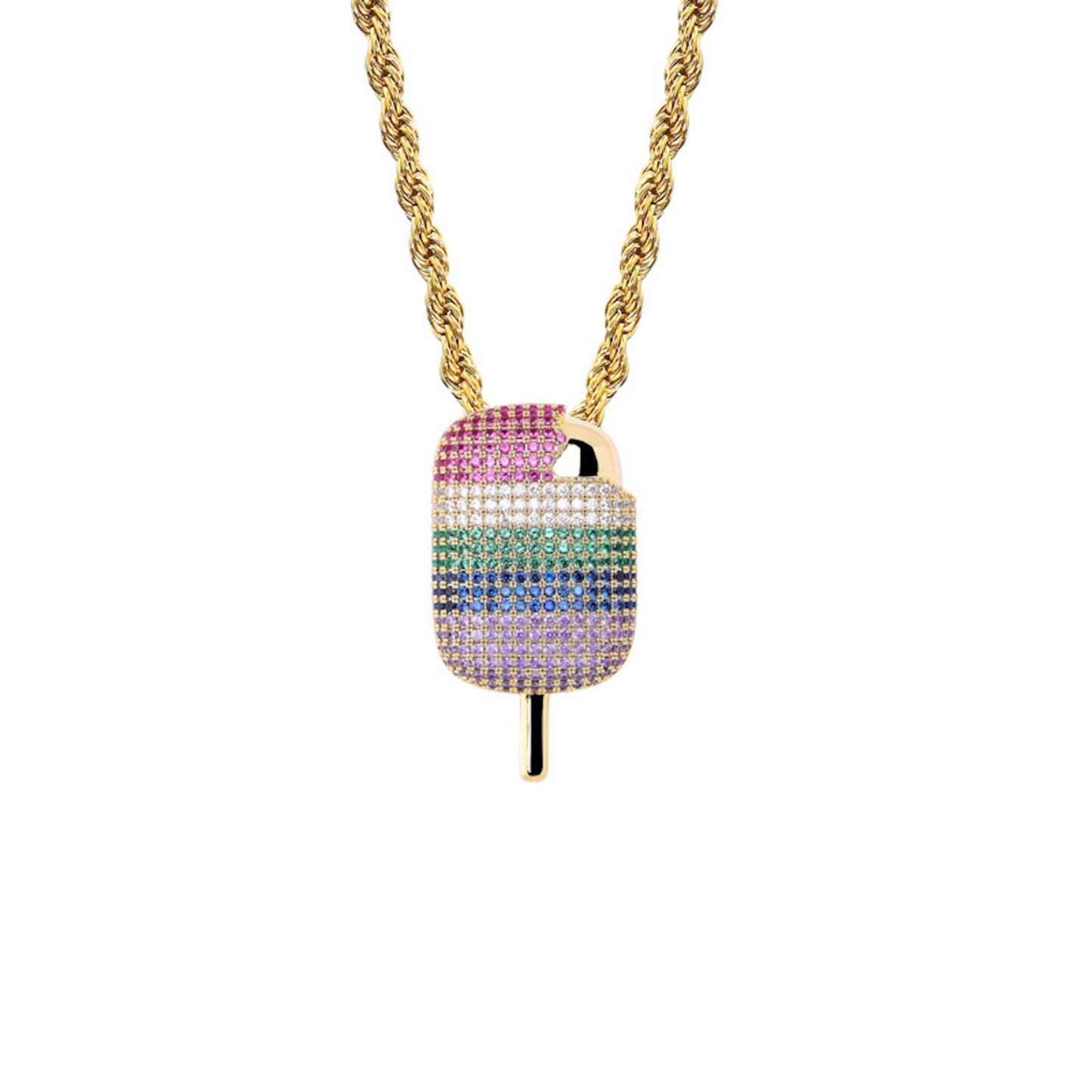 Rainbow Popsicle Pendant Necklace – Colorful CZ Hip Hop Jewelry for Men & Women