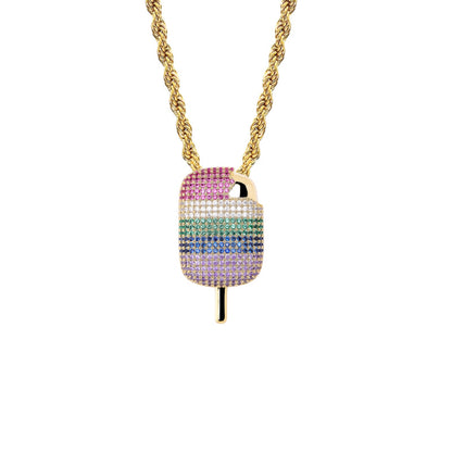 Rainbow Popsicle Pendant Necklace – Colorful CZ Hip Hop Jewelry for Men & Women