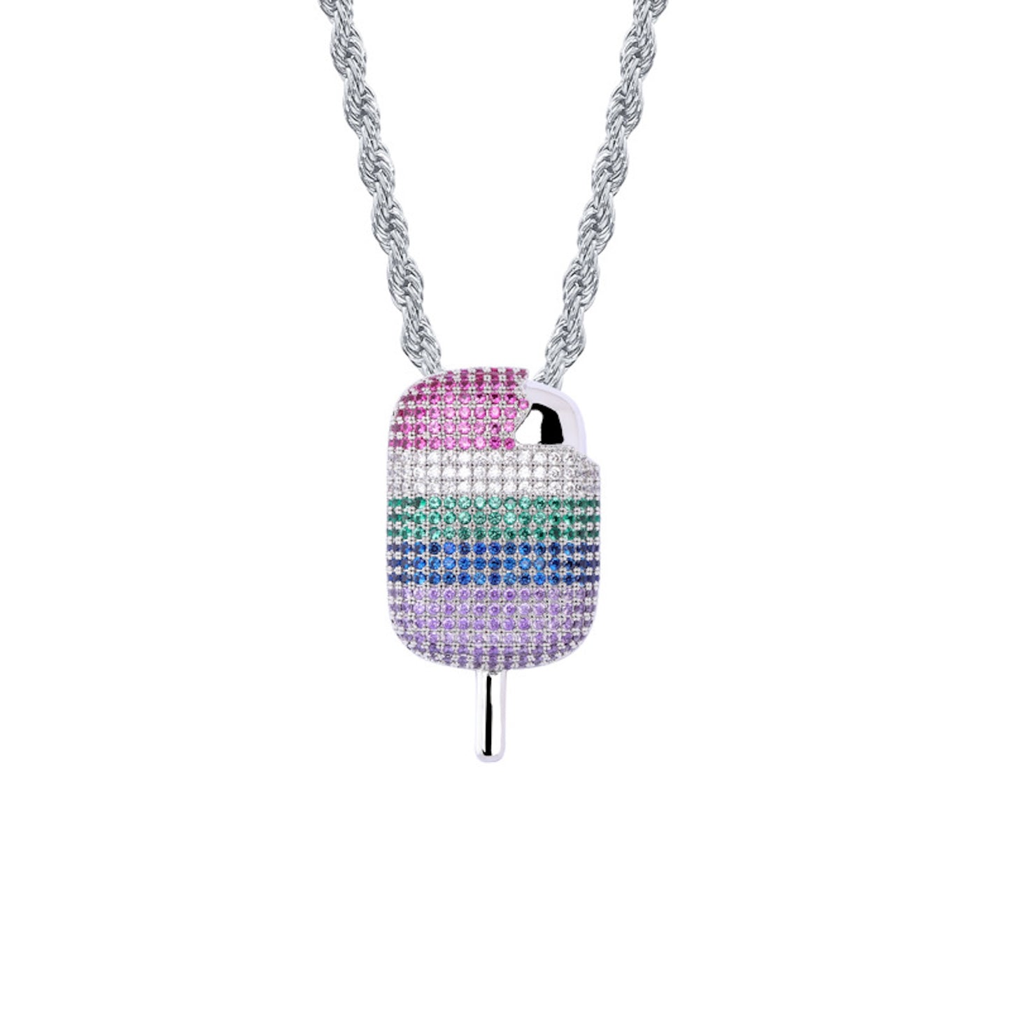 Rainbow Popsicle Pendant Necklace – Colorful CZ Hip Hop Jewelry for Men & Women