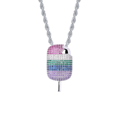 Rainbow Popsicle Pendant Necklace – Colorful CZ Hip Hop Jewelry for Men & Women