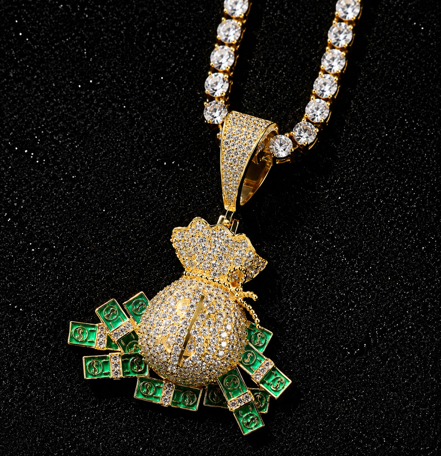Iced Nano Money Bag Pendant Necklace - CZ Hip Hop Jewelry for Men