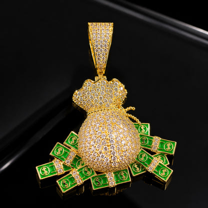 Iced Nano Money Bag Pendant Necklace - CZ Hip Hop Jewelry for Men