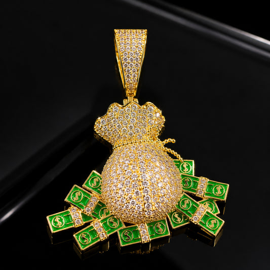 Iced Nano Money Bag Pendant Necklace - CZ Hip Hop Jewelry for Men