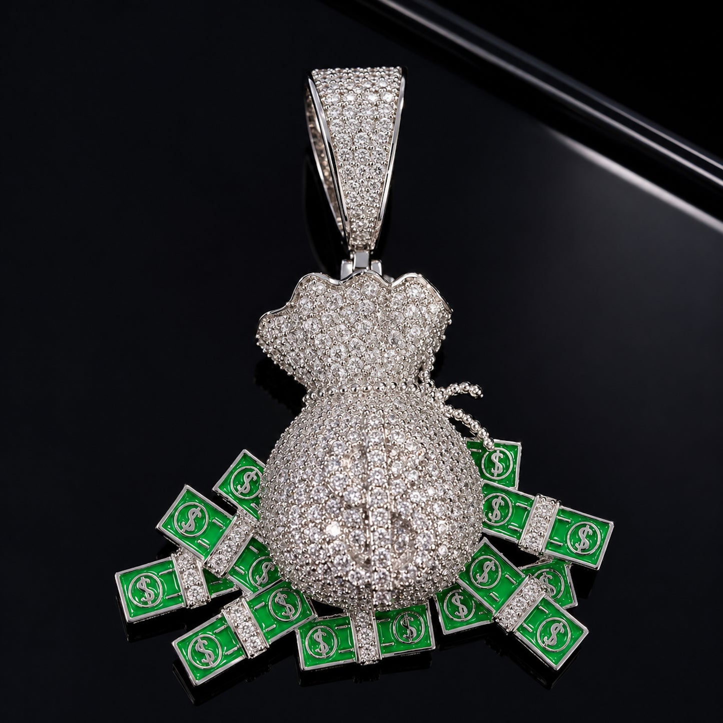 Iced Nano Money Bag Pendant Necklace - CZ Hip Hop Jewelry for Men