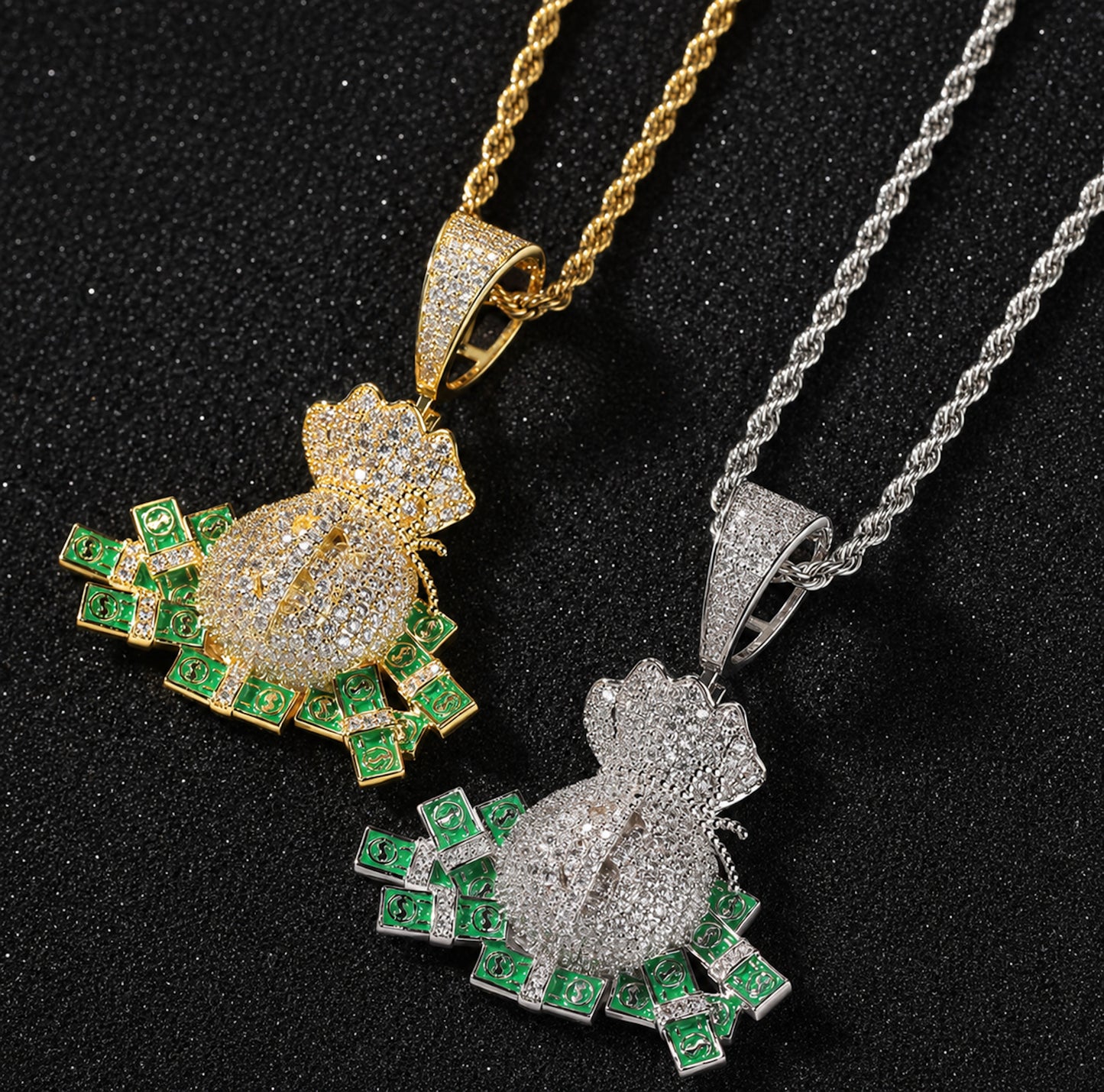 Iced Nano Money Bag Pendant Necklace - CZ Hip Hop Jewelry for Men