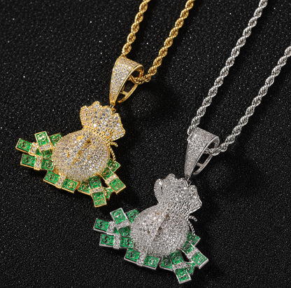 Iced Nano Money Bag Pendant Necklace - CZ Hip Hop Jewelry for Men