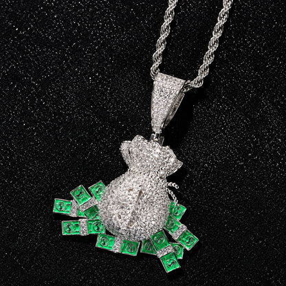 Iced Nano Money Bag Pendant Necklace - CZ Hip Hop Jewelry for Men