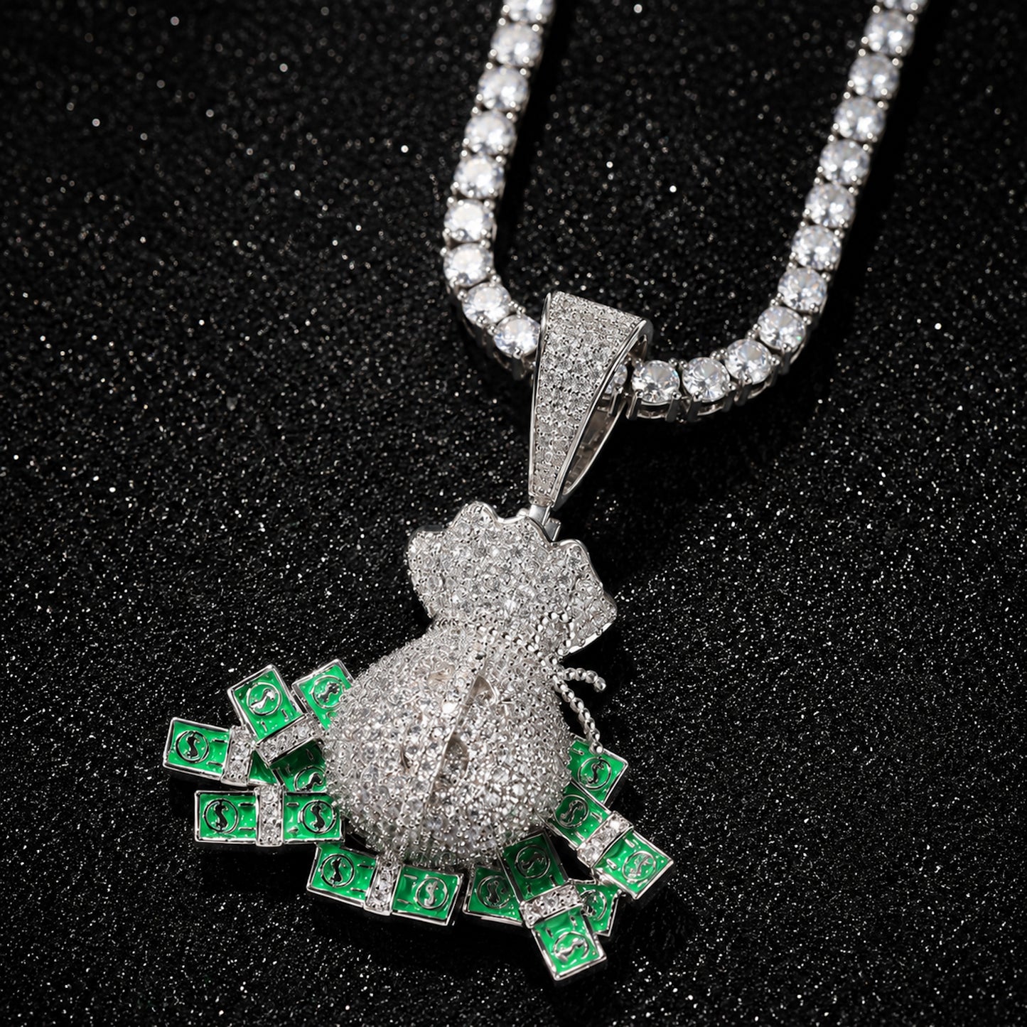 Iced Nano Money Bag Pendant Necklace - CZ Hip Hop Jewelry for Men