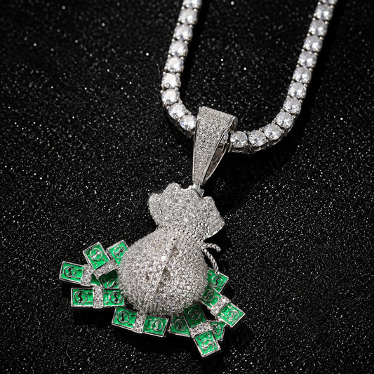 Iced Nano Money Bag Pendant Necklace - CZ Hip Hop Jewelry for Men