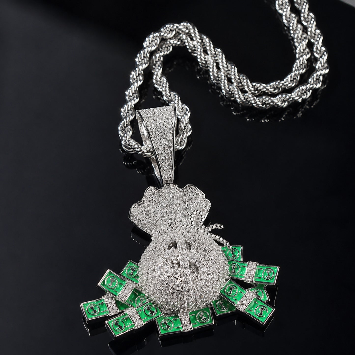 Iced Nano Money Bag Pendant Necklace - CZ Hip Hop Jewelry for Men