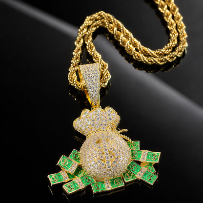 Iced Nano Money Bag Pendant Necklace - CZ Hip Hop Jewelry for Men