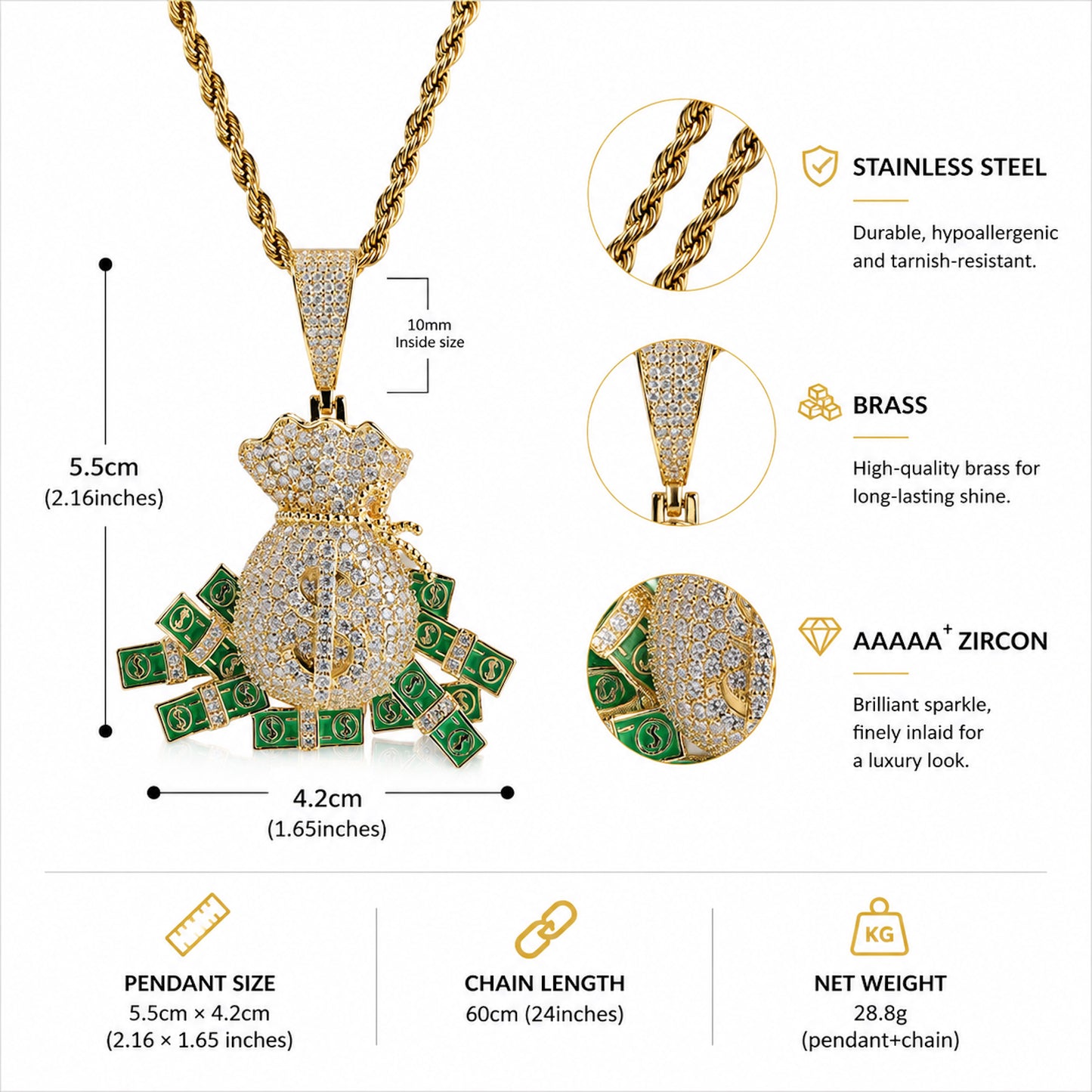 Iced Nano Money Bag Pendant Necklace - CZ Hip Hop Jewelry for Men