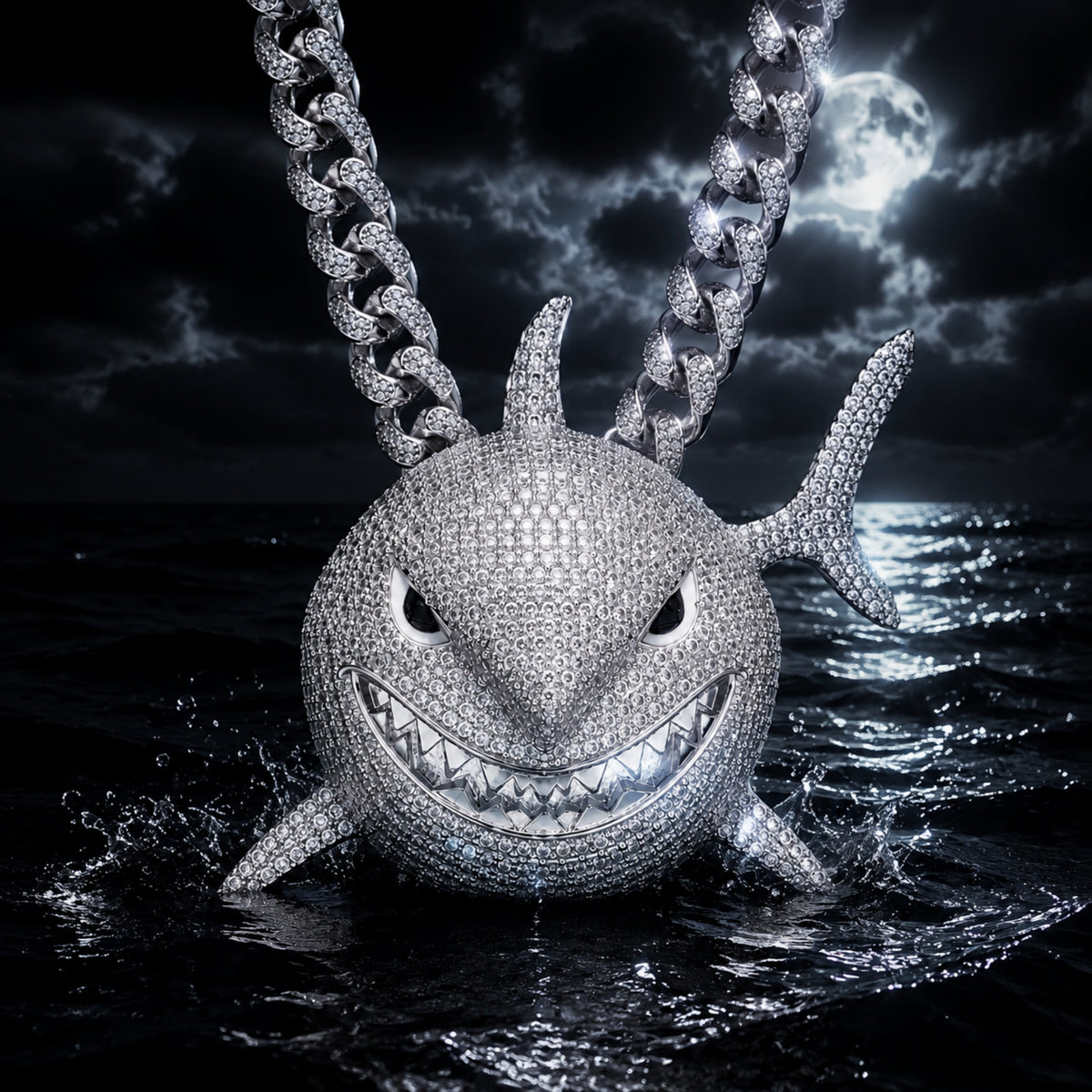 BITE BACK | Iced White Shark Pendant Necklace