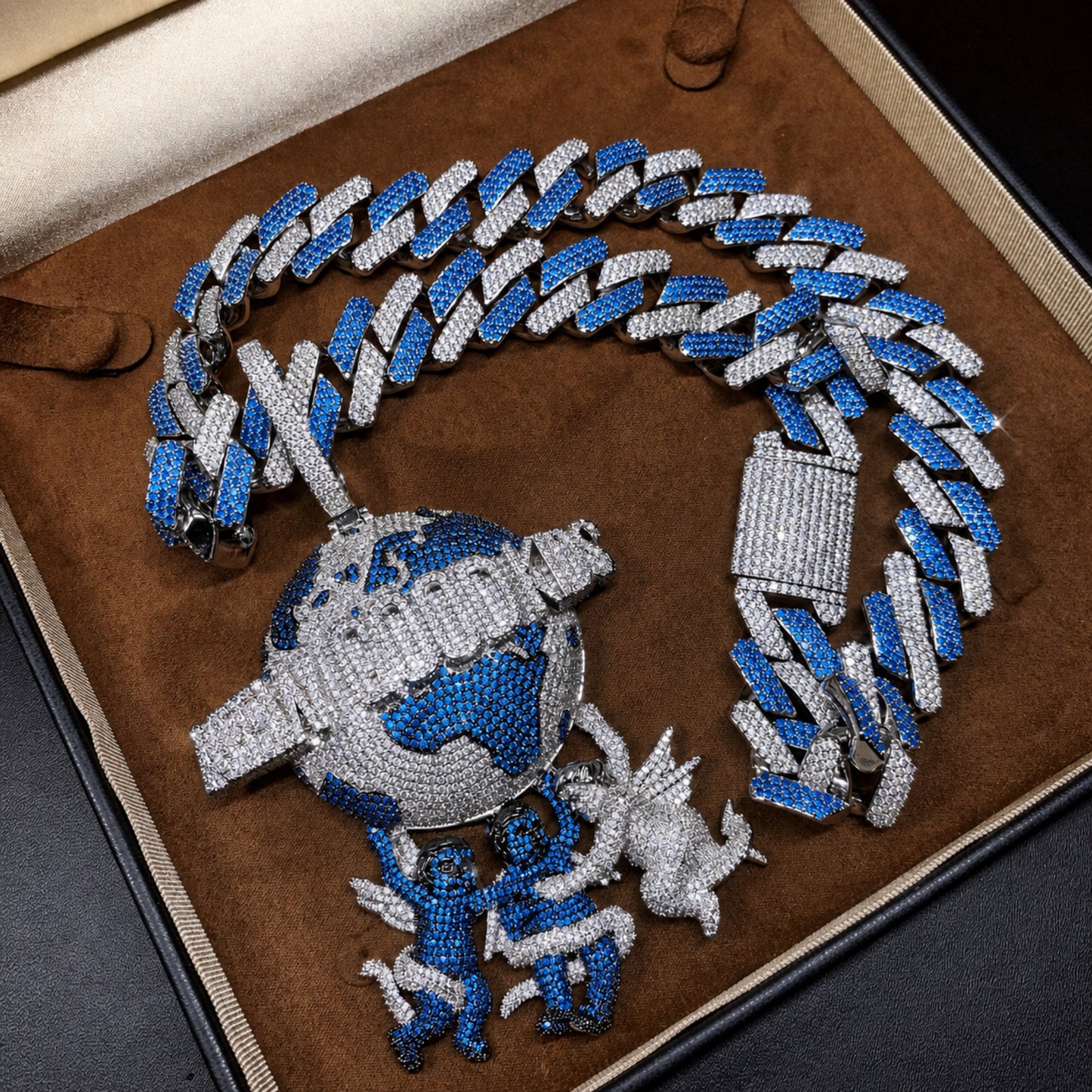 Streetwear styling featuring the ICEDIAMOND KEEP YOUR COOL blue and white iced Cuban chain.