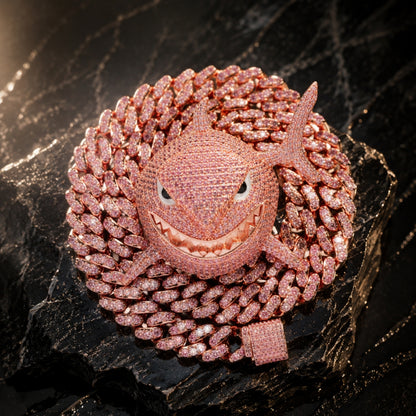 Pink shark pendant paired with a 20inches pink CZ Cuban chain
