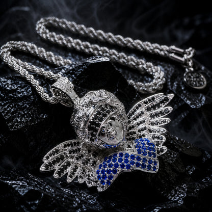 Close-up of TRUST BEYOND SIGHT angel pendant featuring hand-set cubic zirconia
