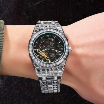 39MM Openwork Mechanical Iced Out Baguette CZ Diamond Watch
