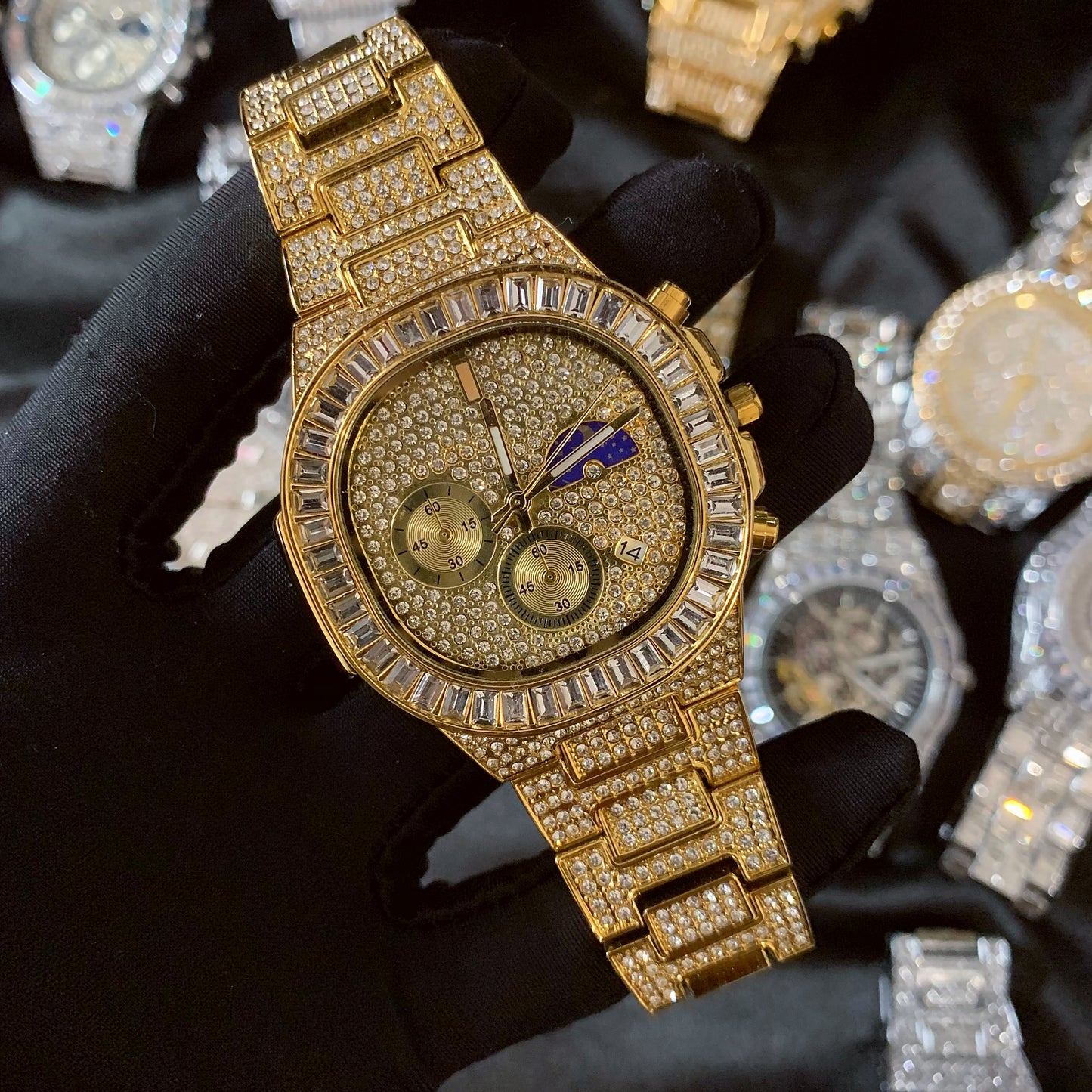 41mm Full CZ Diamond Moon Phase Square Dial | Iced Out Fashion Calendar Quartz Watch