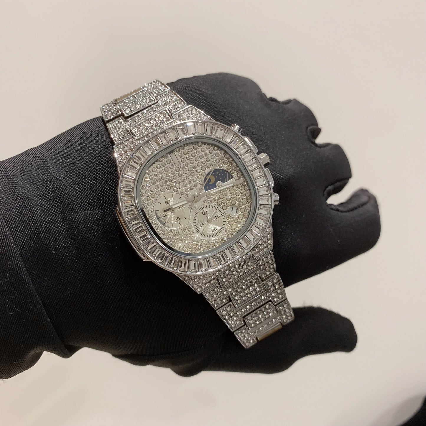 41mm Full CZ Diamond Moon Phase Square Dial | Iced Out Fashion Calendar Quartz Watch