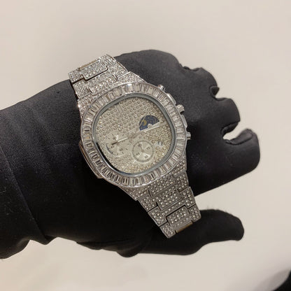41mm Full CZ Diamond Moon Phase Square Dial | Iced Out Fashion Calendar Quartz Watch