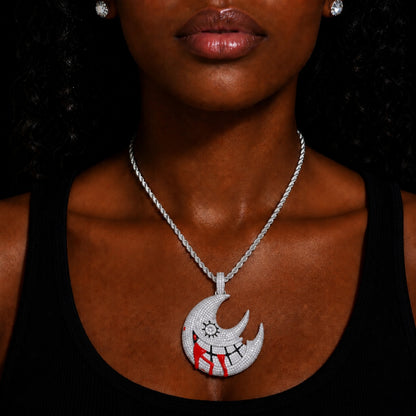 Female model wearing the ICEDIAMOND white gold crescent moon pendant necklace
