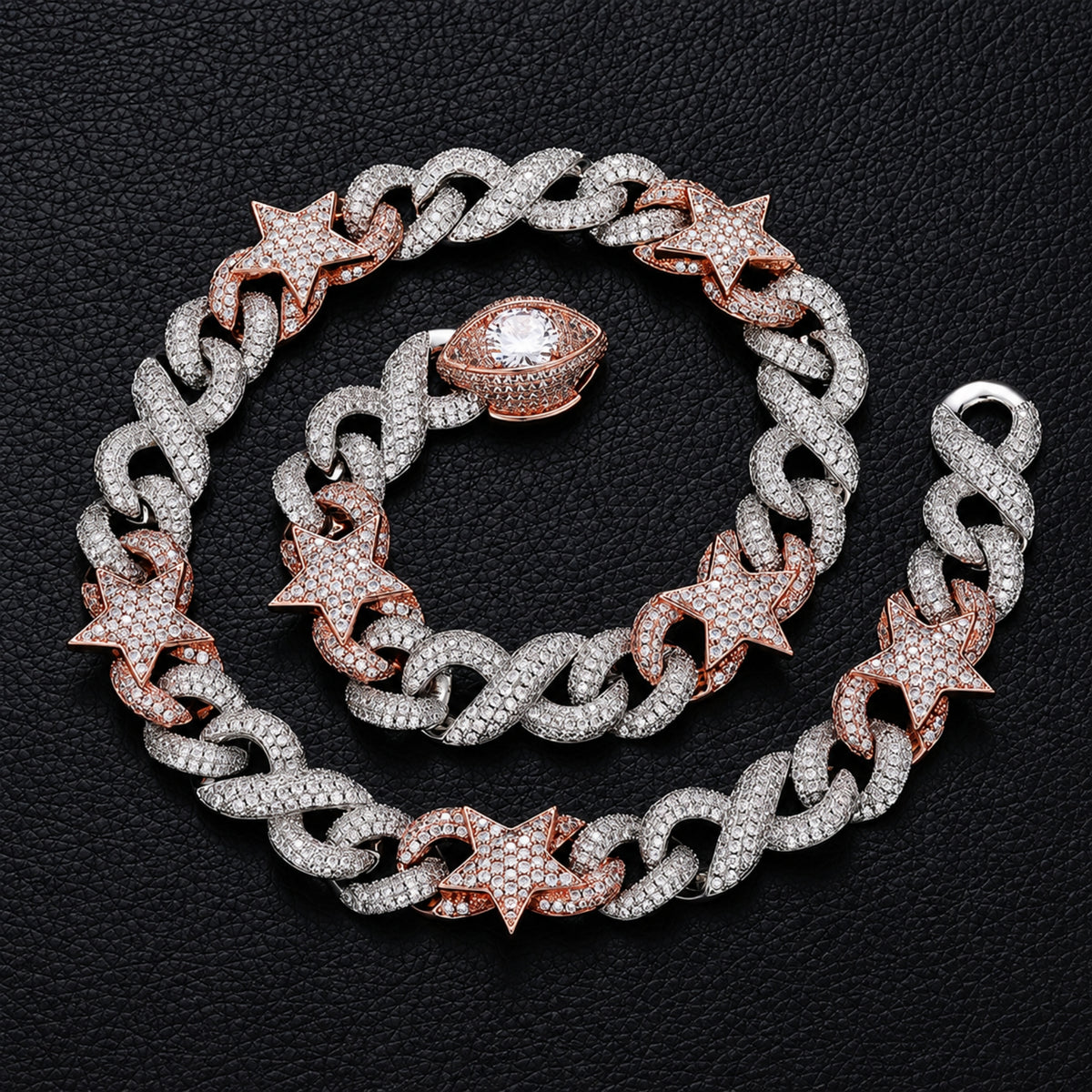 Silver and rose gold tone iced Cuban chain with star accents
