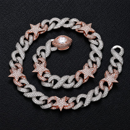 Silver and rose gold tone iced Cuban chain with star accents