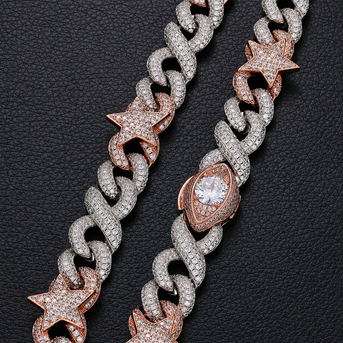 Close-up of rose gold tone five-point star links with clear CZ