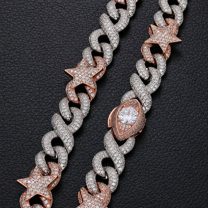 Close-up of rose gold tone five-point star links with clear CZ