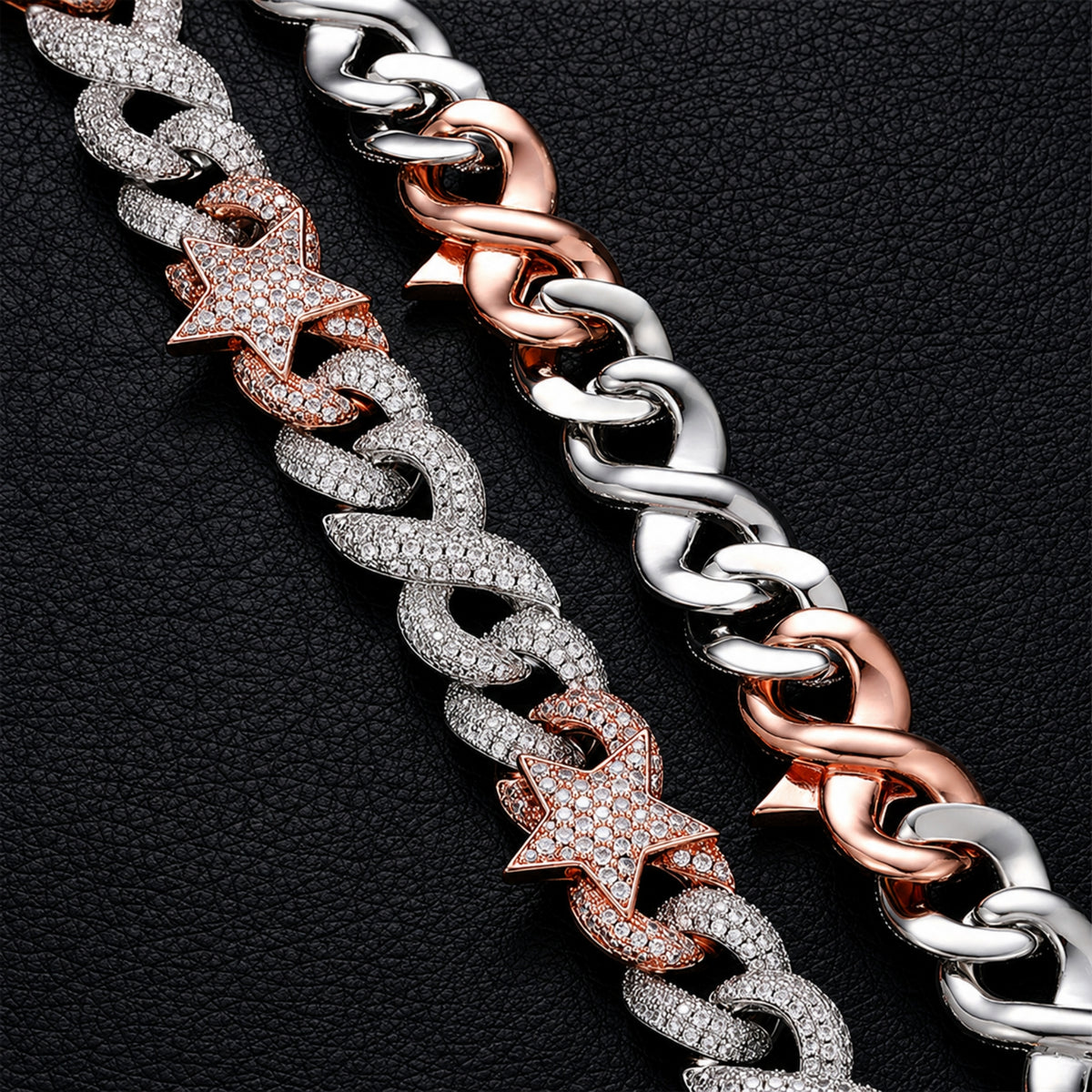 Close-up of iced 16mm Cuban links set with clear AAA+ CZ