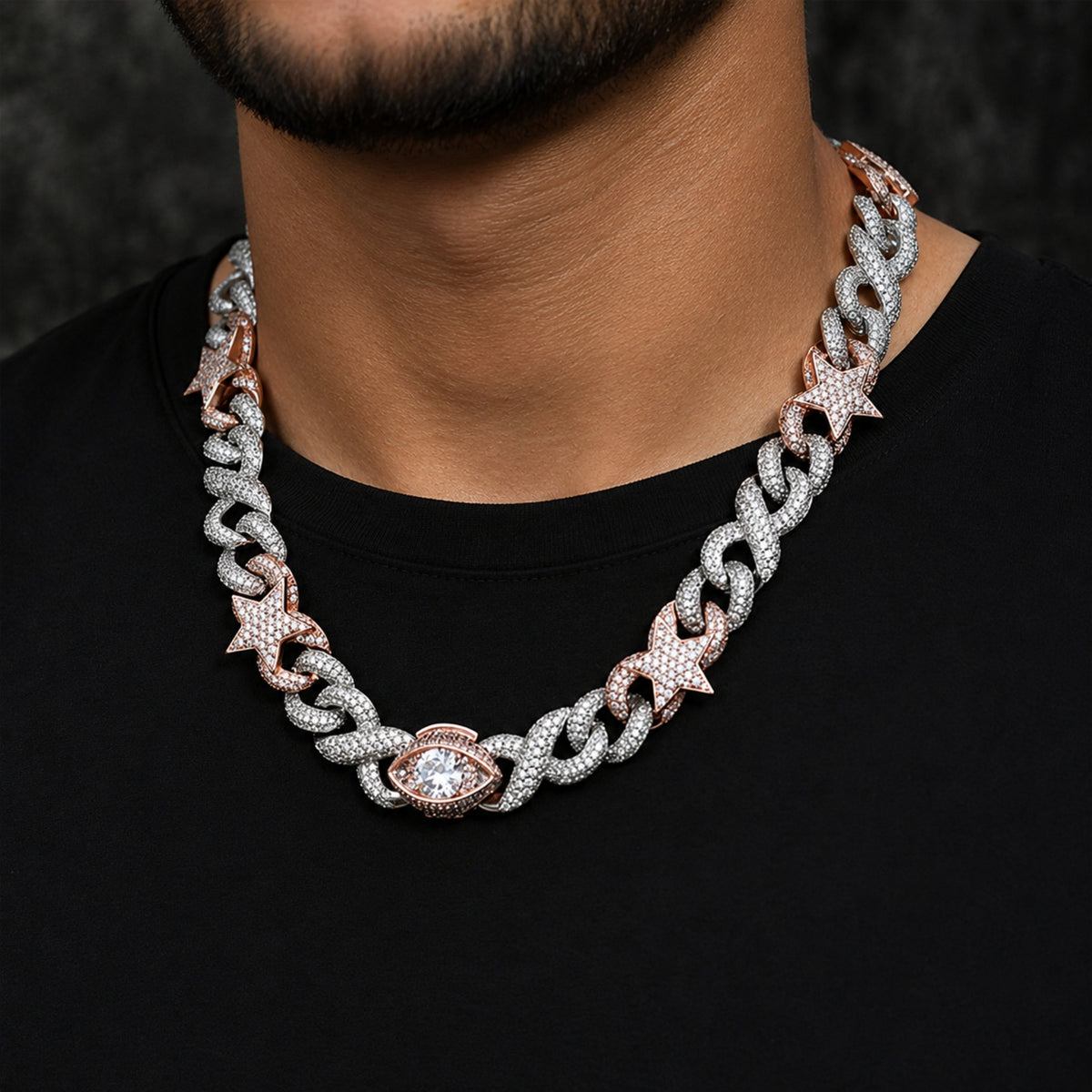 Model wearing ICEDIAMOND dual-tone star eye Cuban chain