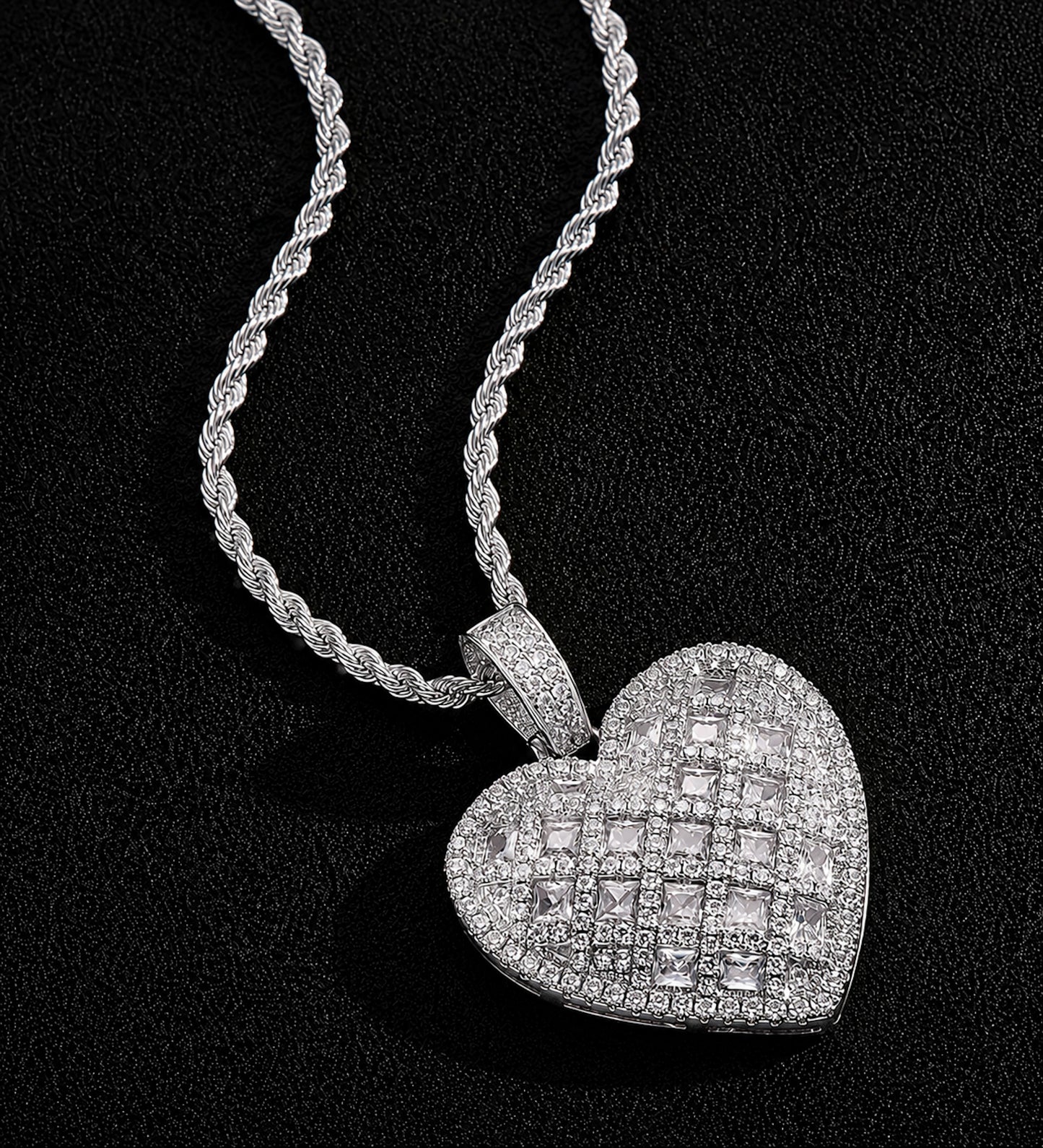 White-tone ALL IN iced heart pendant with princess-cut CZ and pavé detailing