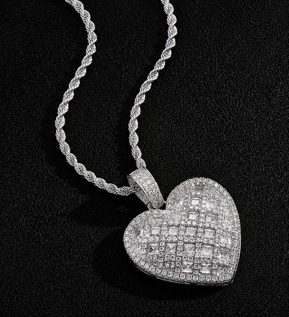 White-tone ALL IN iced heart pendant with princess-cut CZ and pavé detailing