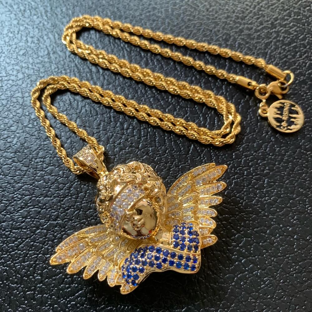 Detailed craftsmanship of the blindfold angel pendant with polished finish
