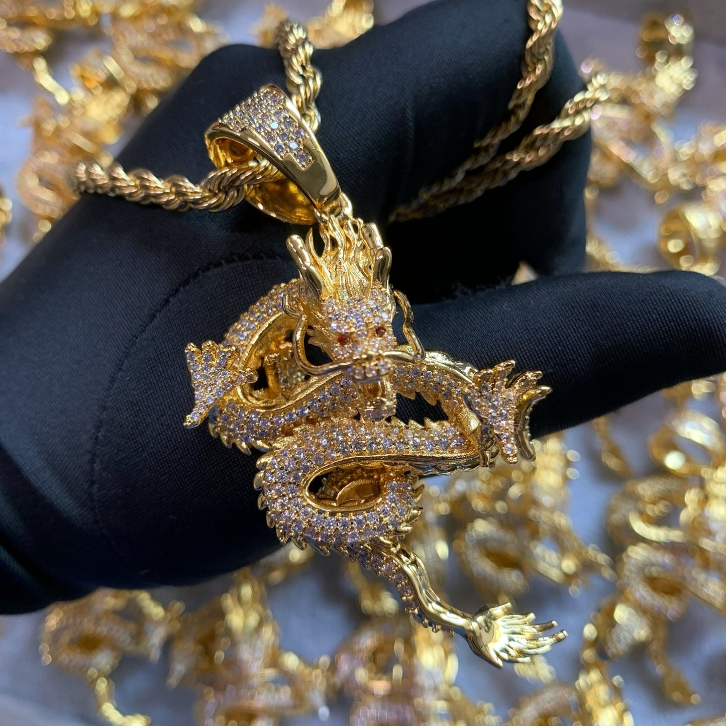 Close-up of the sculpted dragon pendant with hand-set 5A cubic zirconia
