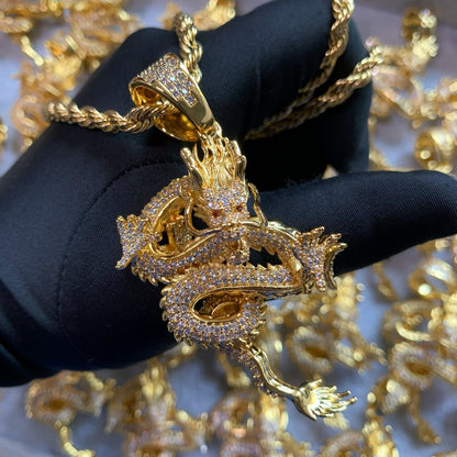 Close-up of the sculpted dragon pendant with hand-set 5A cubic zirconia
