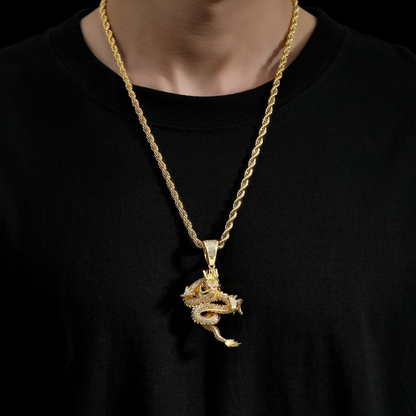 Male model wearing the ICEDIAMOND BORN TO RISE dragon pendant necklace
