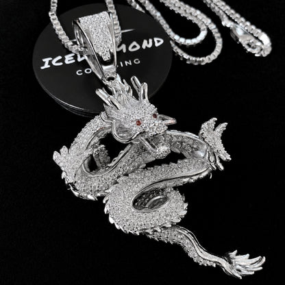 Close-up of the solid sterling silver dragon pendant with white gold plated and hand-set 5A cubic zirconia
