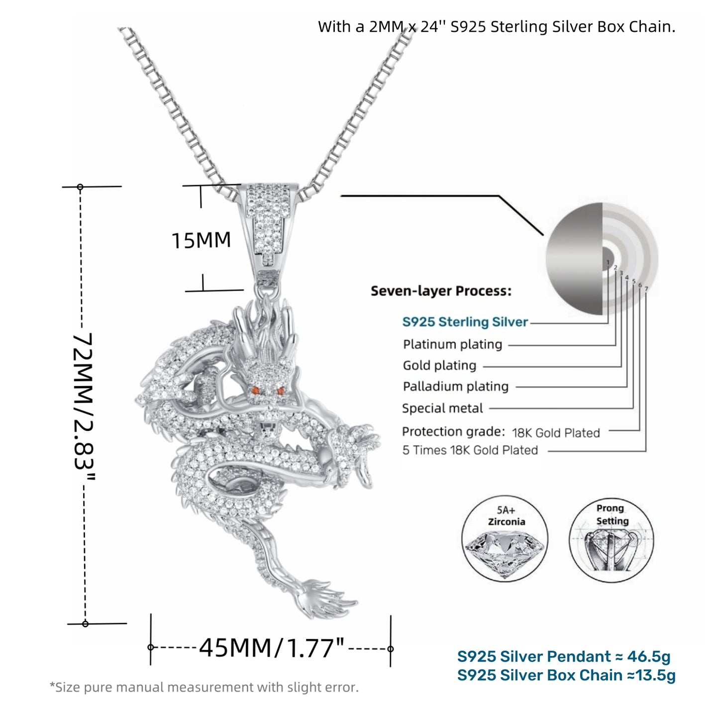 size and details of the ICEDIAMOND BORN TO RISE sterling silver dragon pendant necklace
