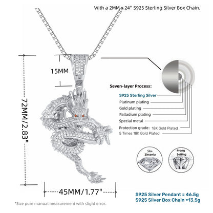 size and details of the ICEDIAMOND BORN TO RISE sterling silver dragon pendant necklace
