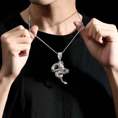 Male model wearing the ICEDIAMOND sterling silver dragon pendant necklace
