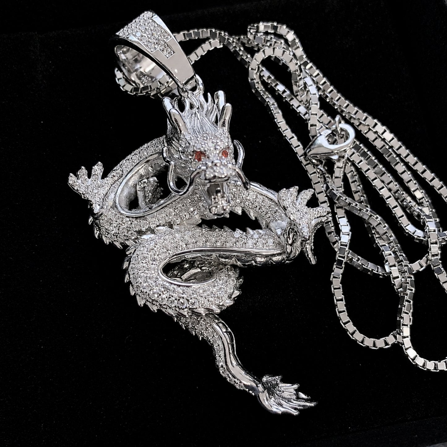 Side profile of the sterling silver dragon pendant necklace
