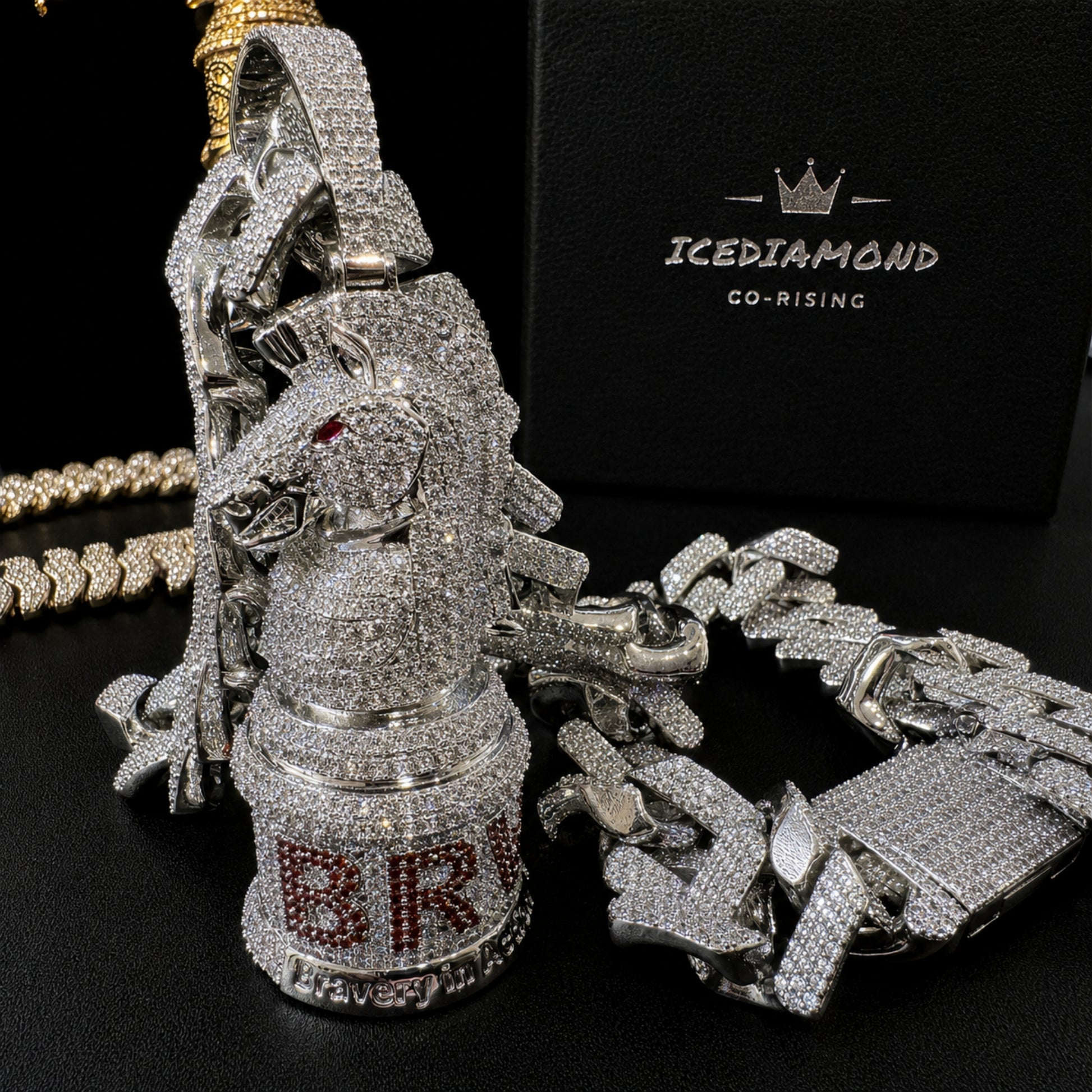 Streetwear styling featuring the ICEDIAMOND BRAVERY First Move Knight statement pendant cuban chain necklace.
