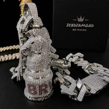 Streetwear styling featuring the ICEDIAMOND BRAVERY First Move Knight statement pendant cuban chain necklace.

