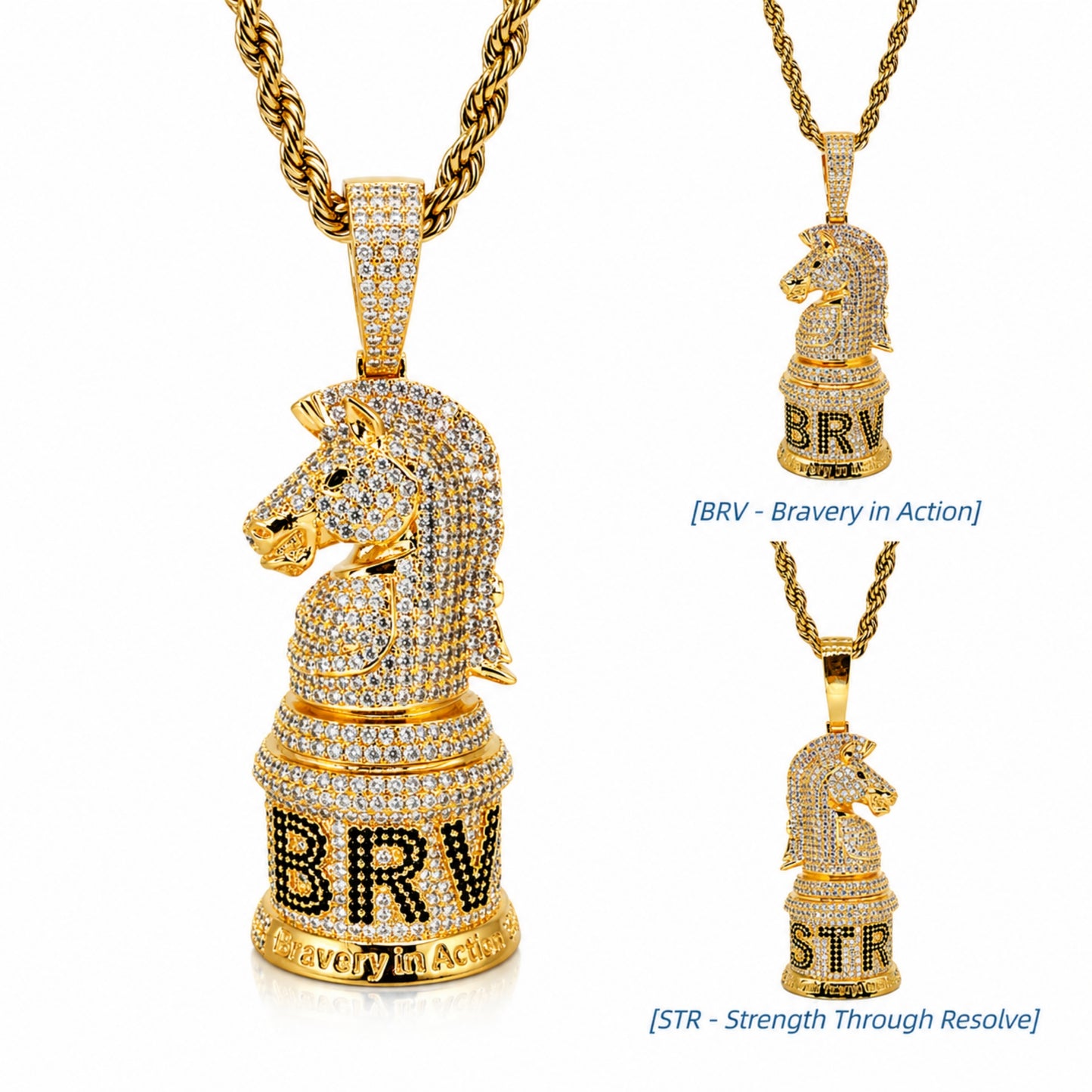 Detailed view of the ICEDIAMOND BRAVERY pendant inspired by the knight chess piece.
